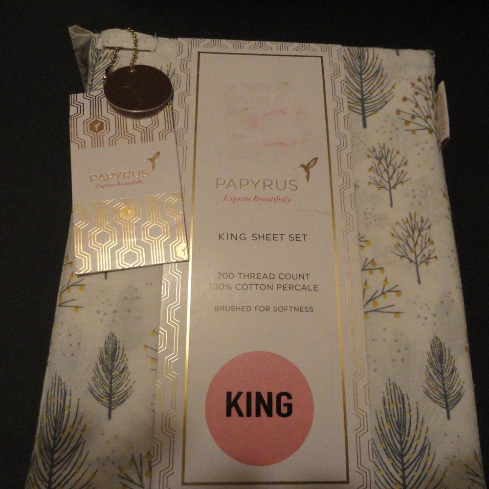 PAPYRUS King Sheet Set, NEW 4-PC, 100% Cotton, White Yellow, Trees, Nature, H164